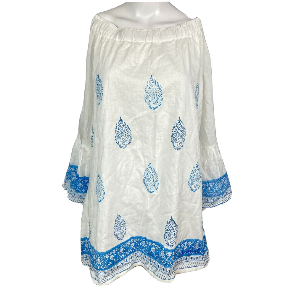 NWT Top It Off Dress Women M White Blue Paisley Cotton Off Shoulder‎ Mini Shift